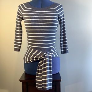 Soho New York Co Rib Knit Stripe Sweater Womens XS 3/4 Sleeve Pullover Tie Waist